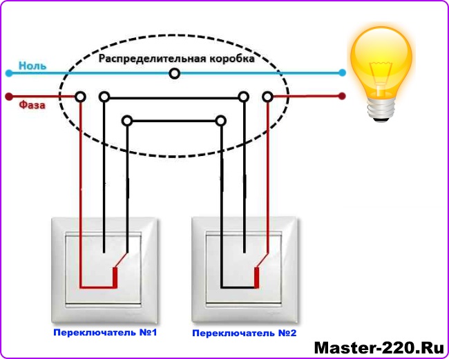 Схема включения проходного выключателя